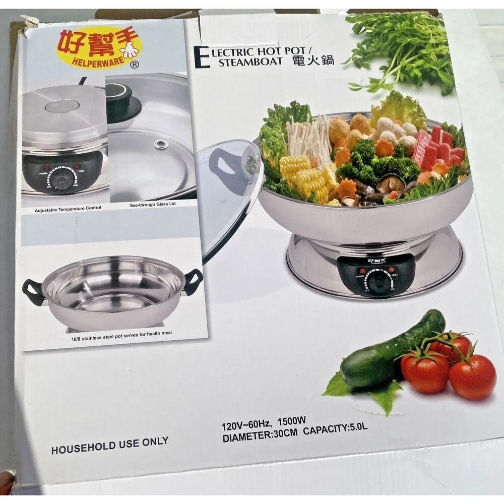 Electric Hot Pot Steamboat Stainless Steel w/Glass Lid 30 cm,  By Helperware